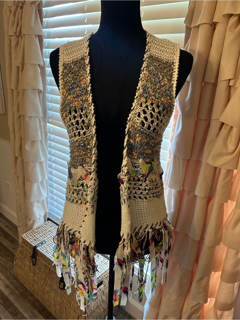 Adore Cream Crochet Fringe Vest with Multicolor Fringe Accents